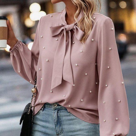 Dusty Pink Preppy Womens Pearls Beaded Tie Neck Lantern Sleeve Blouse - Picture 4 of 4